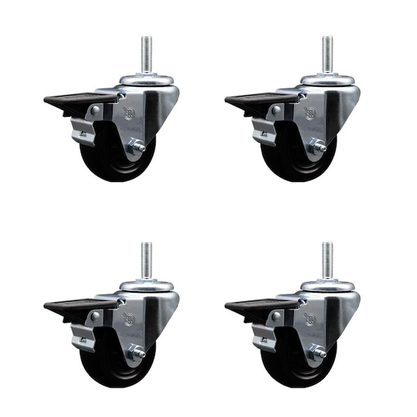3 Inch Hard Rubber Wheel Swivel 58 Inch Threaded Stem Caster Set with Brake SCC